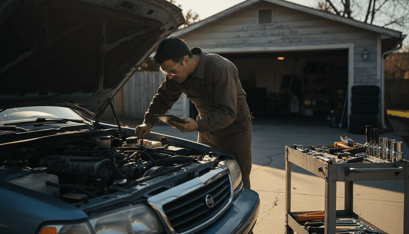 Professional technician performing mobile auto repair on an engine at a residential location