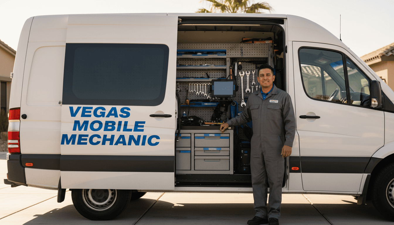 Tino's Auto Restoration certified technician with fully equipped mobile service van ready for on-site auto repair in Las Vegas