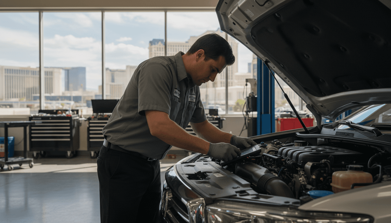Certified technician performing vehicle diagnostics in Las Vegas workshop with cityscape in background